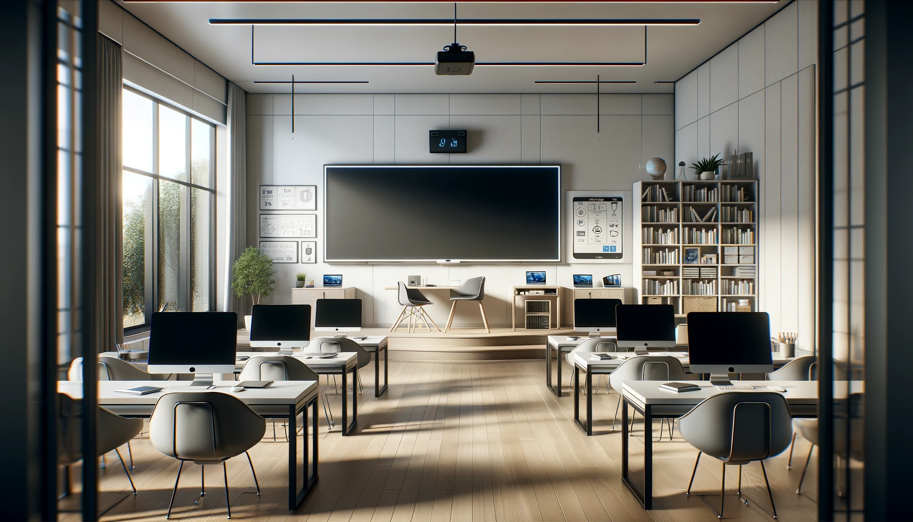 a contemporary and serene technology classroom featuring a large plain blackboard at the front, modern desks with desktop computers, and a bookshelf.