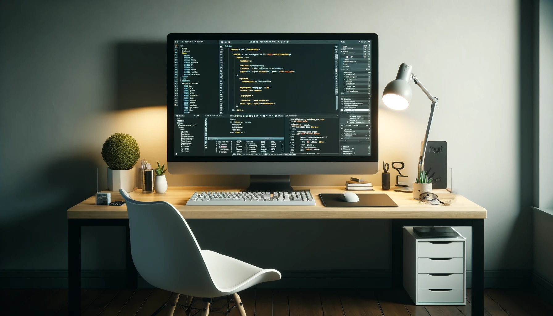 modern and minimalist coding workstation with a large monitor displaying an IDE interface, complemented by a mechanical keyboard and a stylishly organized desk.