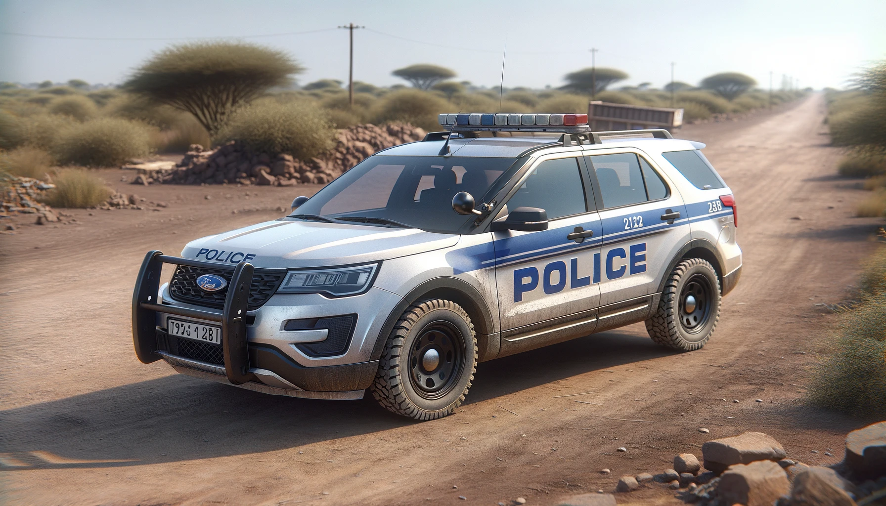 a police car typical of Sub-Saharan countries, parked on a dirt road with sparse vegetation in the background.