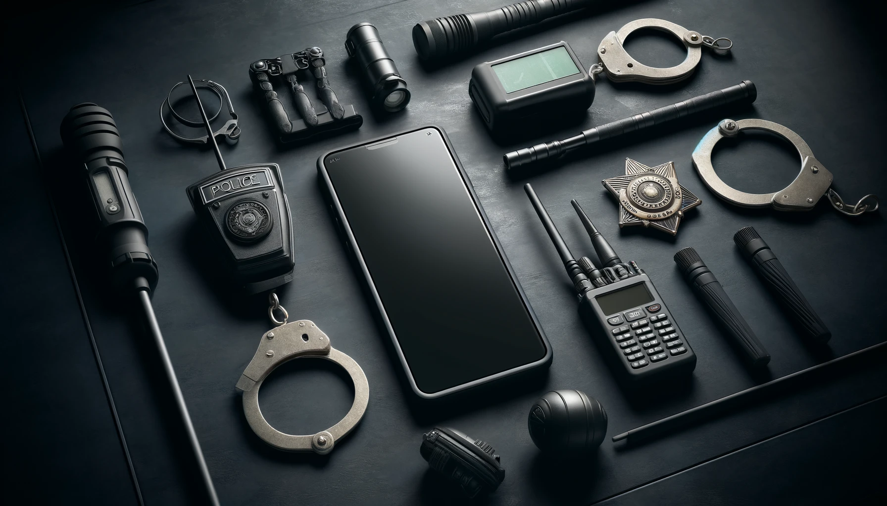 a turned-off, plain smartphone centrally placed on a dark, textured surface, surrounded by neatly arranged law enforcement tools including a police badge, handcuffs, a radio, and a flashlight.