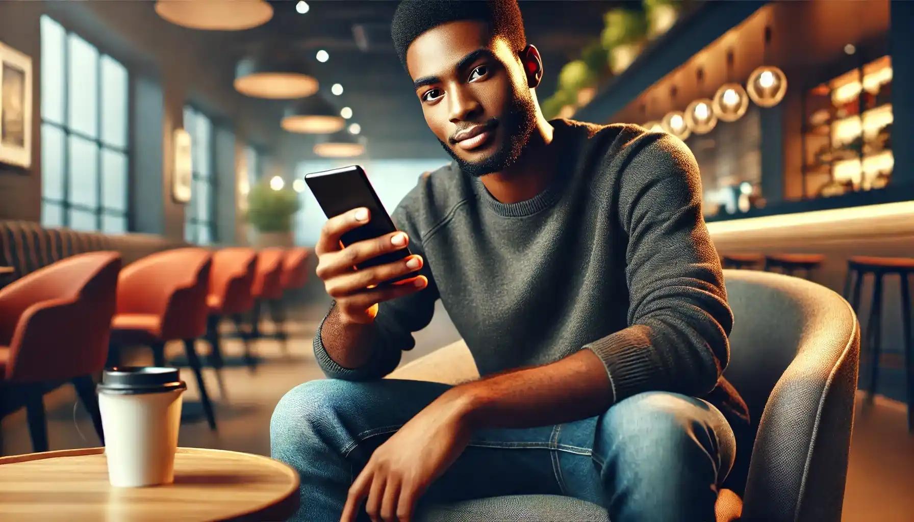 An African man is sitting in a modern café, casually using his smartphone to easily make a mobile money transfer.