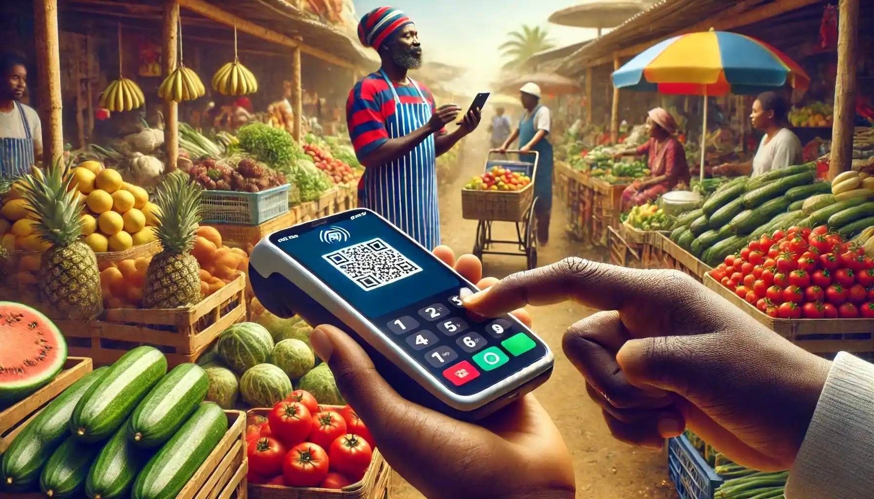 An African market vendor is using a digital payment system via a smartphone and payment terminal.