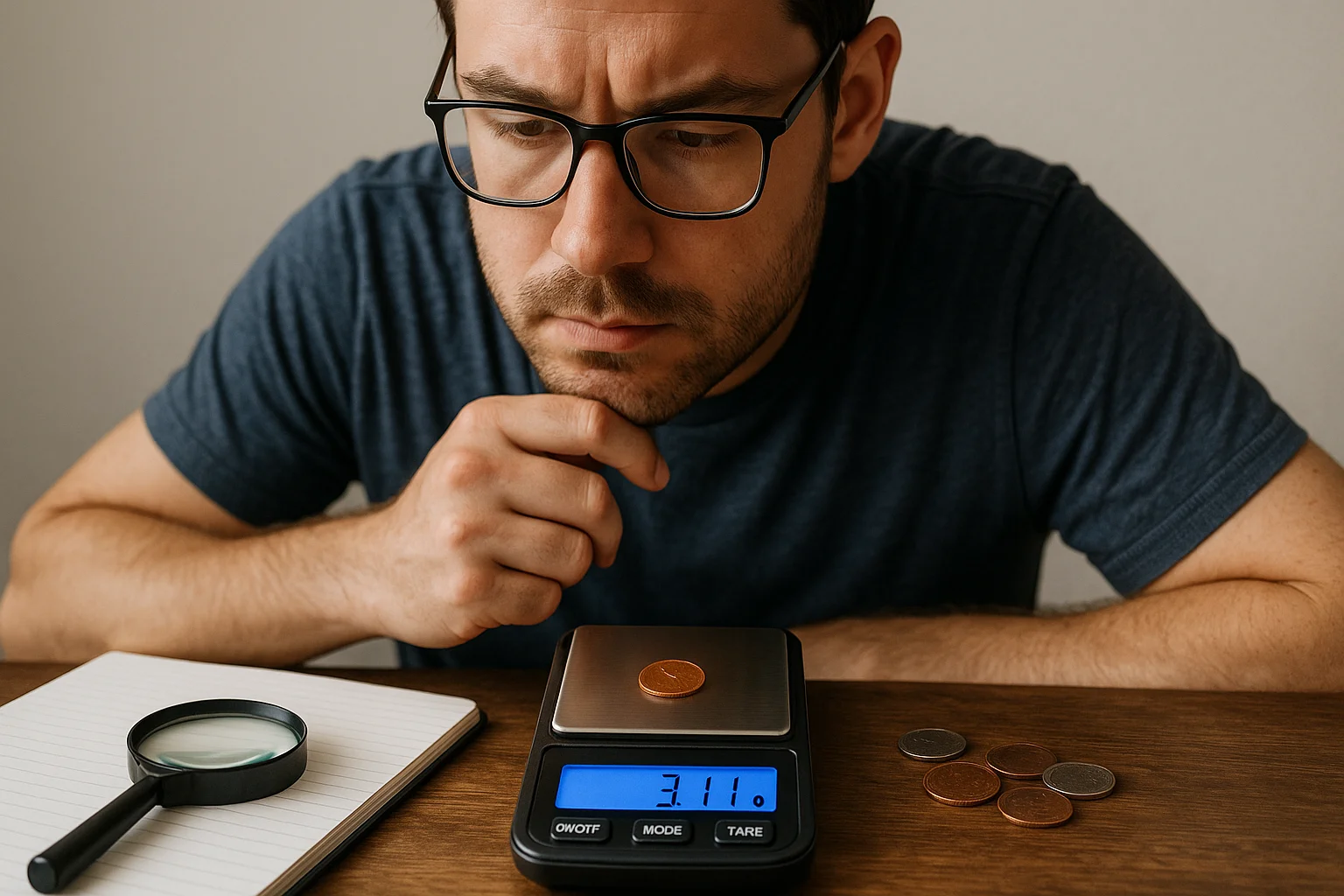 A collector closely inspects a 1982-D penny on a digital scale reading 3.11 grams — the critical weight that could confirm a rare copper composition.