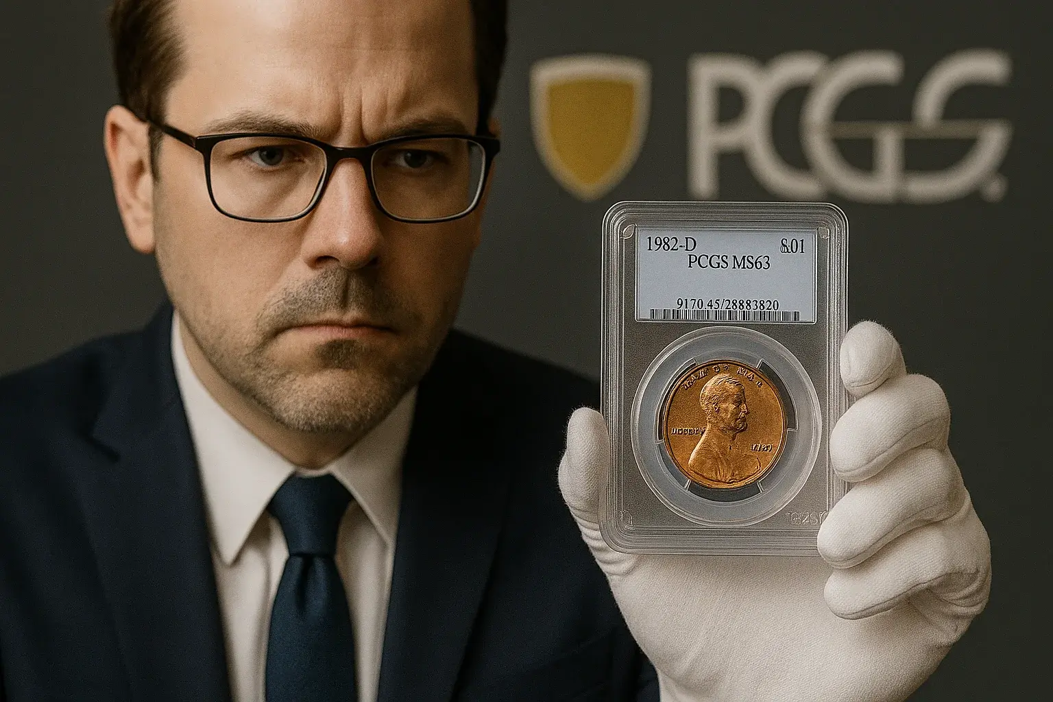 A certified numismatist presents the only known 1982-D Small Date Copper penny, authenticated by PCGS and encapsulated for preservation.